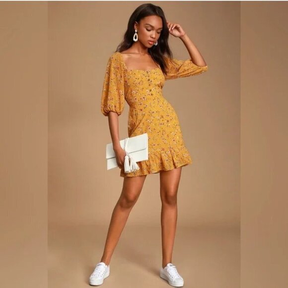 Lulus Trixiebelle Mustard Yellow Floral Print Ballon Sleeve Ruffle Dress Size S - Picture 4 of 16